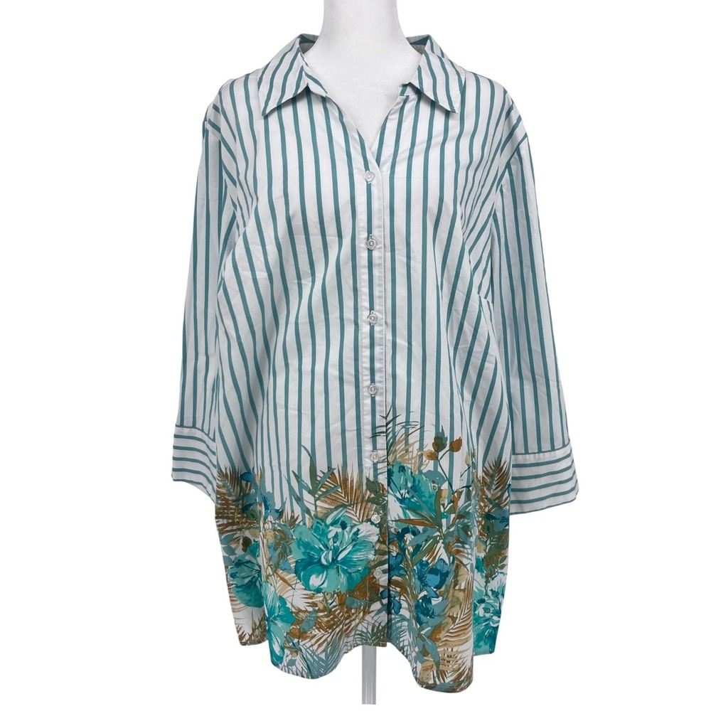 D&Co Denim Company Striped Floral Tunic Shirt Women's Plus Size 2X Tropical